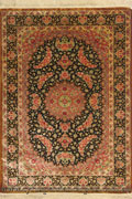 Kum Signed Floral Medallion Hand Knotted Silk Rug