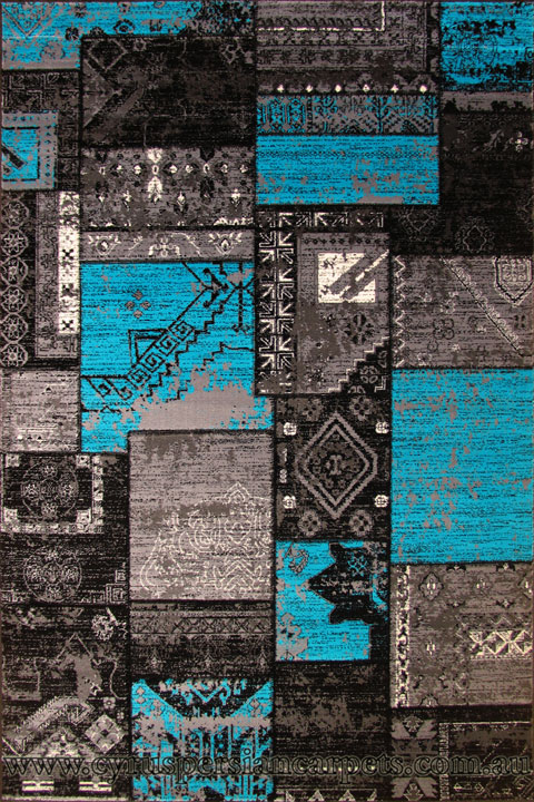 Patchworks Contemporary Abstract Rug 2676 Black Turquoise - Click Image to Close