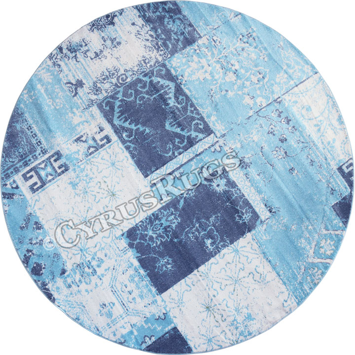 Morocco Square Pattern Round Rug 39F7F Aqua Cotton - Click Image to Close