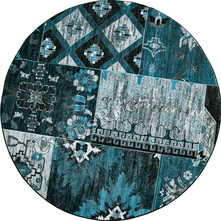 Patchworks Contemporary Round Rug 2998 Black Turquoise - Click Image to Close