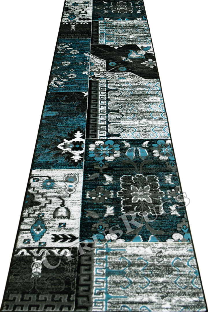 Patchworks Abstract Hallway Runner Rug 2998 Black Turquoise - Click Image to Close