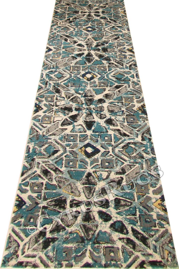 Rizzy Geometric Hallway Runner Rug 3609F Cotton Turkuaz - Click Image to Close