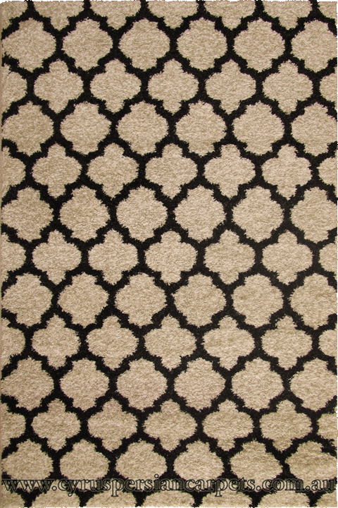 Marrakesh Trellis Shaggy Rug 2496A Cream Black - Click Image to Close