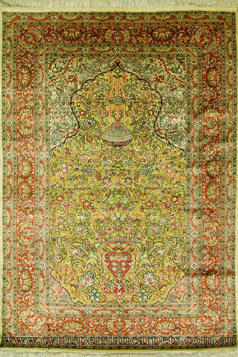 Hereke Prayer Hand Knotted Gold & Silk Rug - Click Image to Close