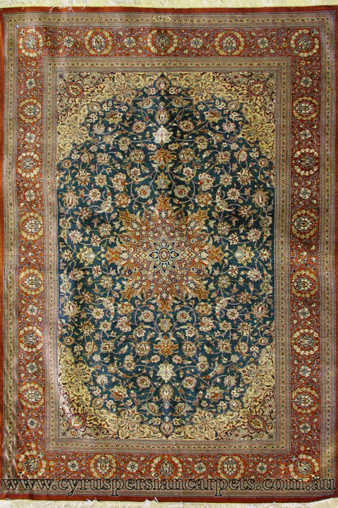 Kum Signed Medallion Hand Knotted Silk Rug - Click Image to Close