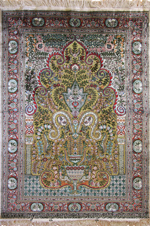 Hereke Prayer Hand Knotted Gold & Silk Rug - Click Image to Close