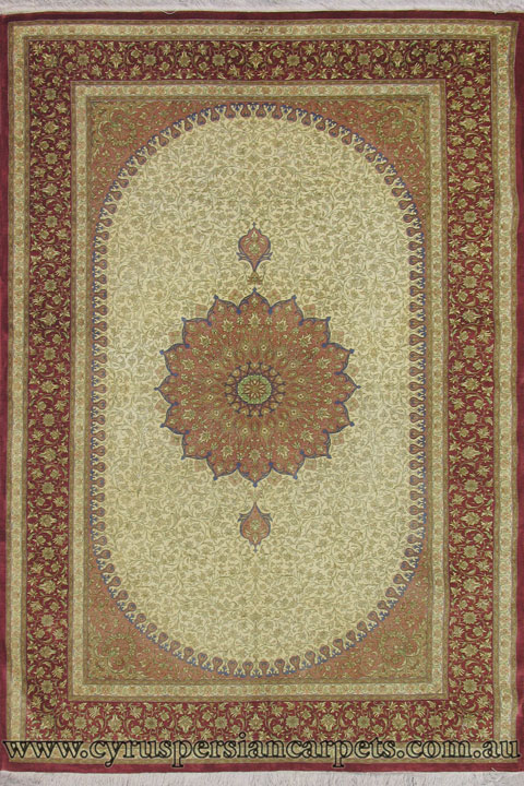 Kum Signed Medallion Hand Knotted Silk Rug - Click Image to Close