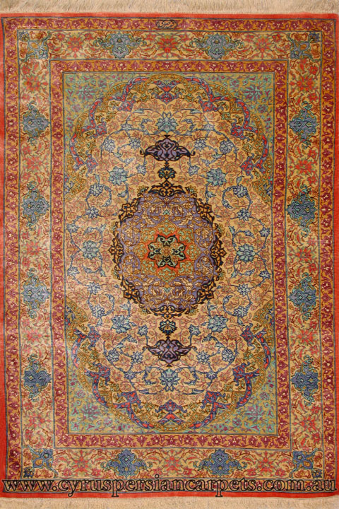 Kum Signed Medallion Hand Knotted Silk Rug - Click Image to Close