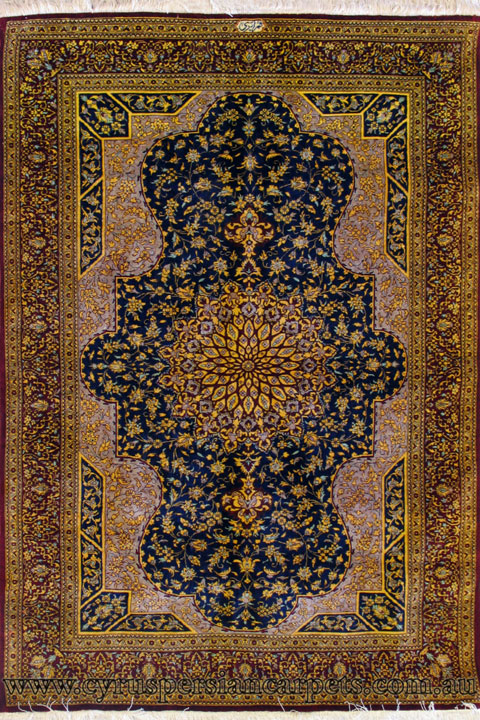 Kum Signed Medallion Hand Knotted Silk Rug - Click Image to Close