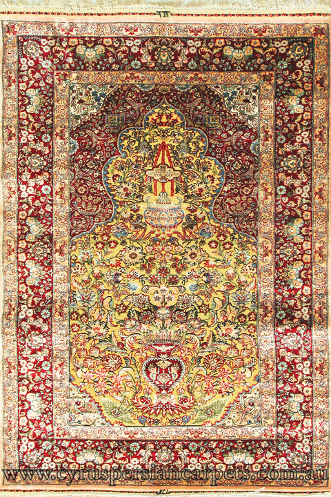 Hereke Prayer Hand Knotted Gold & Silk Rug - Click Image to Close