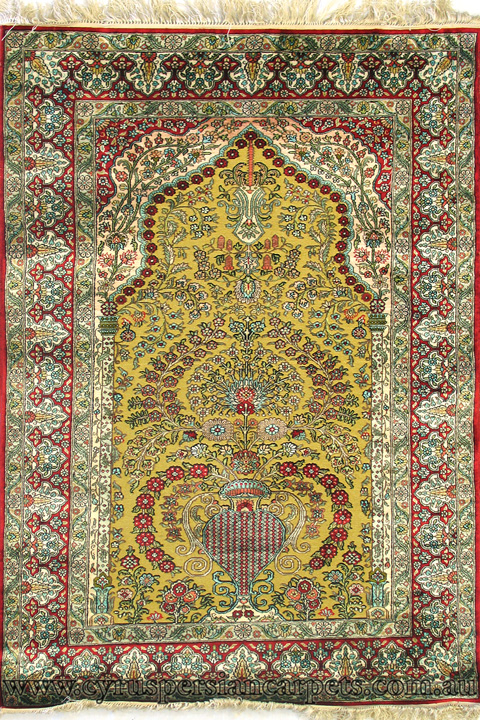 Hereke Prayer Hand Knotted Gold & Silk Rug - Click Image to Close