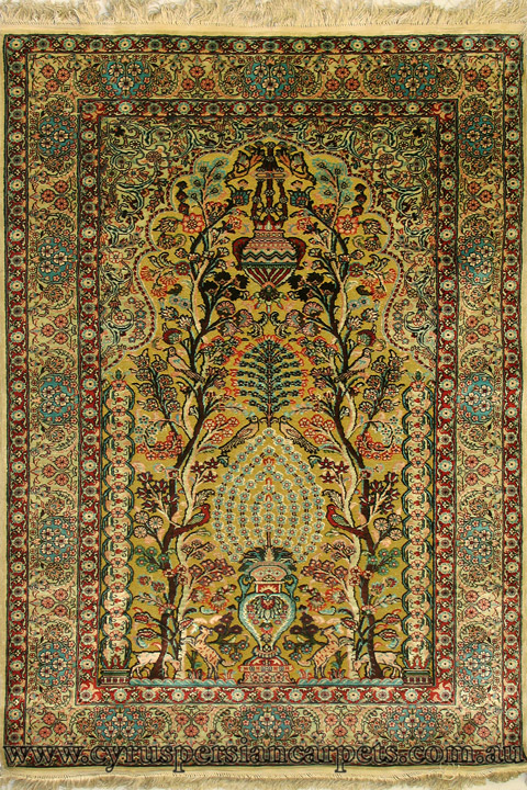 Hereke Prayer Hand Knotted Gold & Silk Rug - Click Image to Close