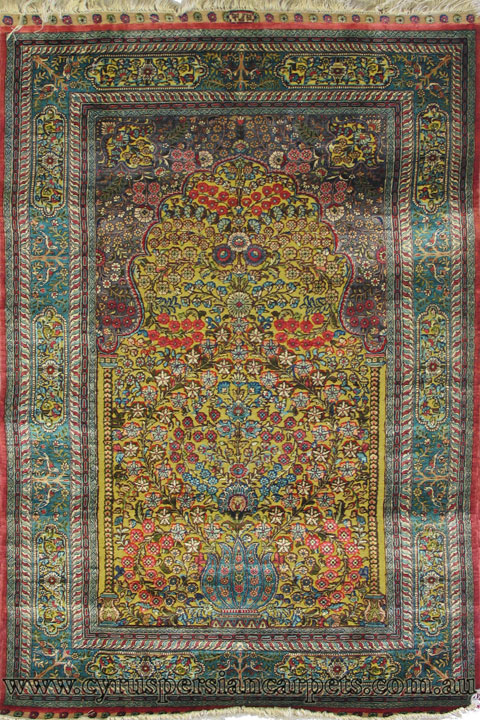 Hereke Prayer Hand Knotted Gold & Silk Rug - Click Image to Close