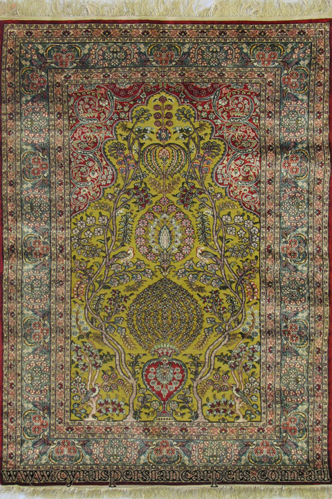 Hereke Prayer Hand Knotted Gold & Silk Rug - Click Image to Close