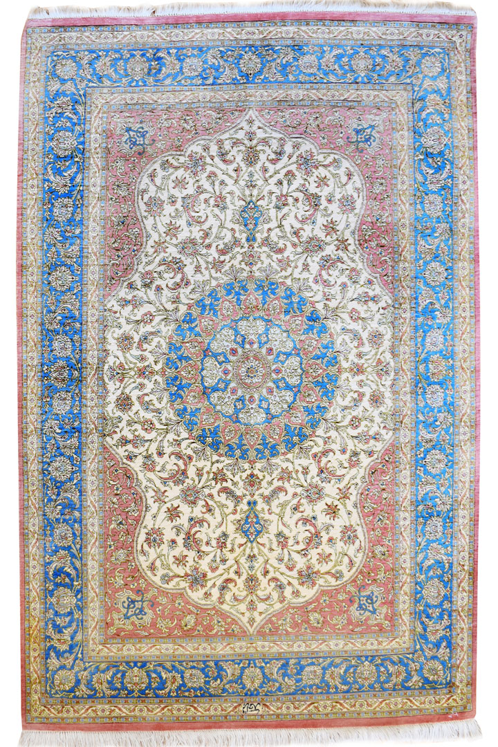 Kum Signed Medallion Hand Knotted Silk Rug - Click Image to Close