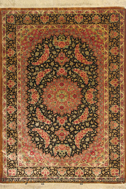 Kum Signed Floral Medallion Hand Knotted Silk Rug - Click Image to Close
