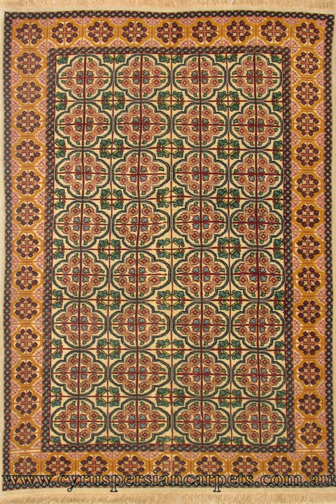 Tabriz Oriental Hand Knotted Gold & Silk Rug - Click Image to Close