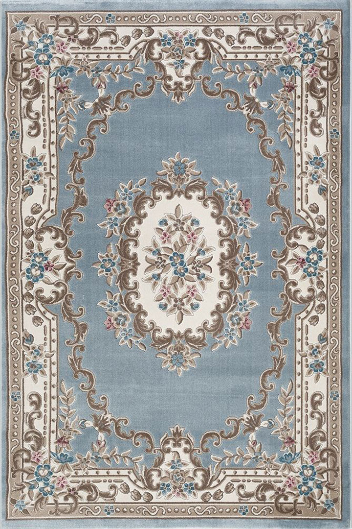 Aubusson Traditional Floral Rugs G069A L. Blue White - Click Image to Close